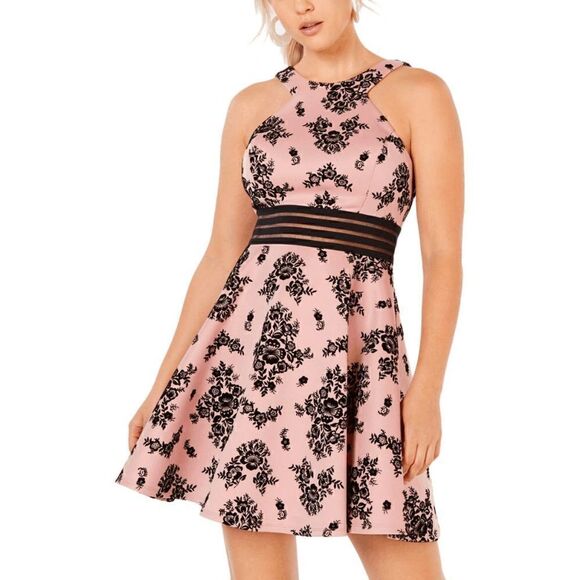 NWT Black Floral Velvet Printed Illusion Cocktail Pink Dress - Picture 1 of 8